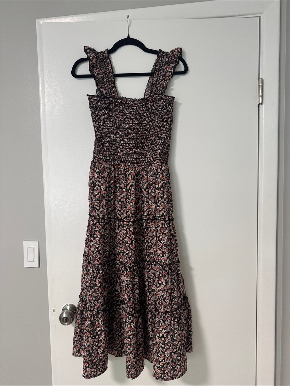 Floral Smocked Midi Dress with Ruffle Straps - Black & Pink